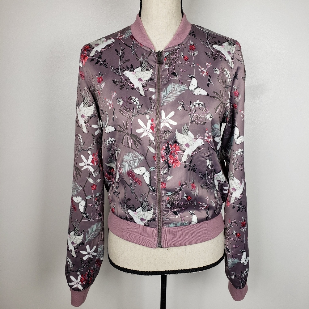 Aeropostale Purple Floral Satin Bomber Jacket M - Picture 7 of 16
